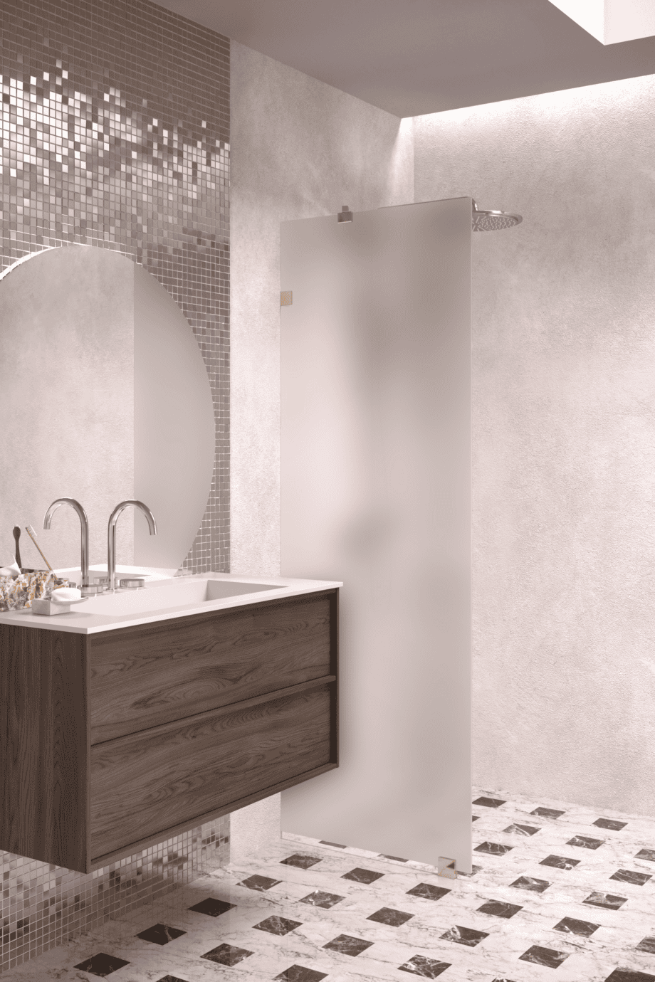 Fixed shower screen Hietakari Vetro 511, brass fittings, satin frosted glass
