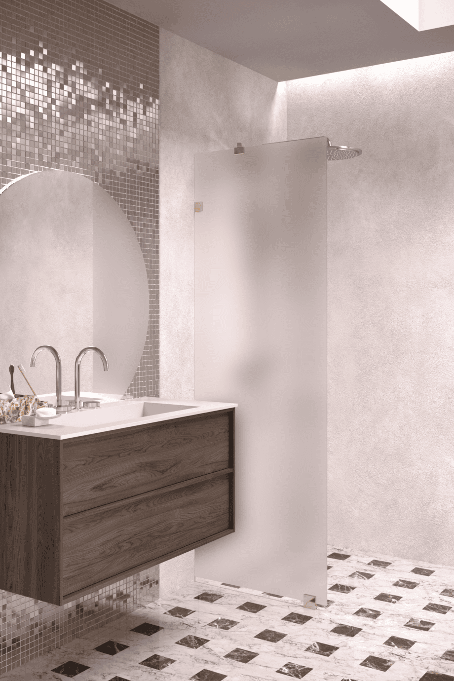 Fixed shower screen Hietakari Vetro 511, brass fittings, super bright satin glass