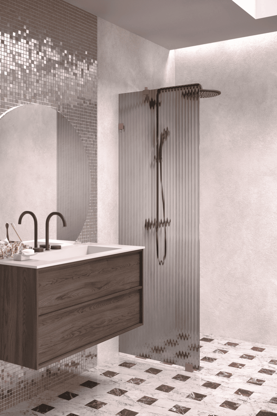 Fixed shower screen Hietakari Vetro 511, Mocha fittings, grey reeded glass