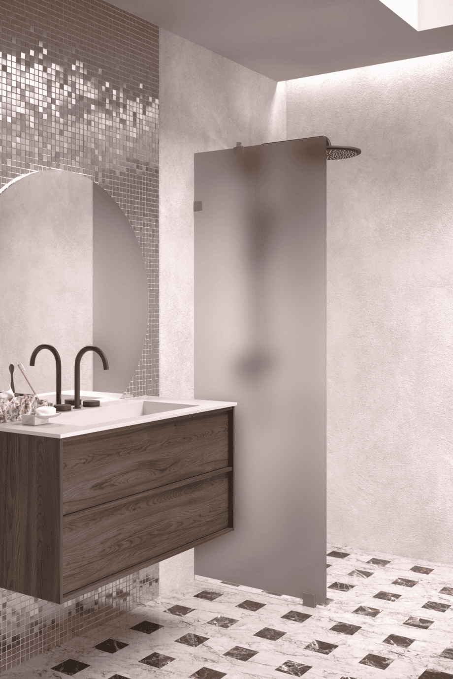 Fixed shower screen Hietakari Vetro 511, Mocha fittings, grey satin glass