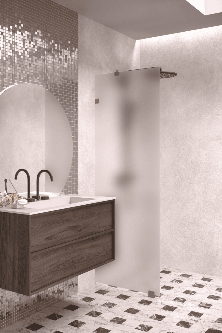 Fixed shower screen Hietakari Vetro 511, Mocha fittings, satin frosted glass