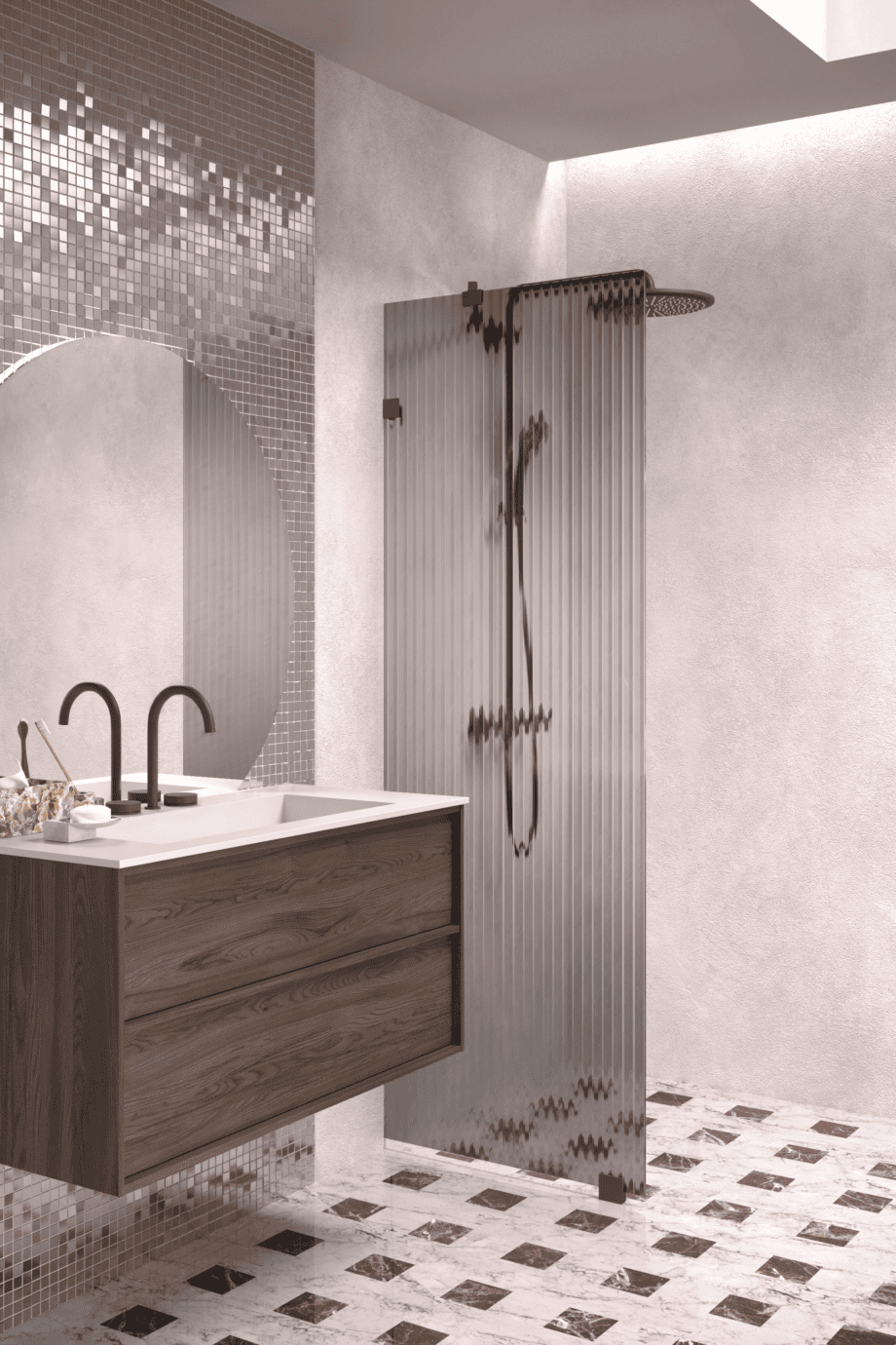 Fixed shower screen Hietakari Vetro 511, black fittings, grey reeded glass