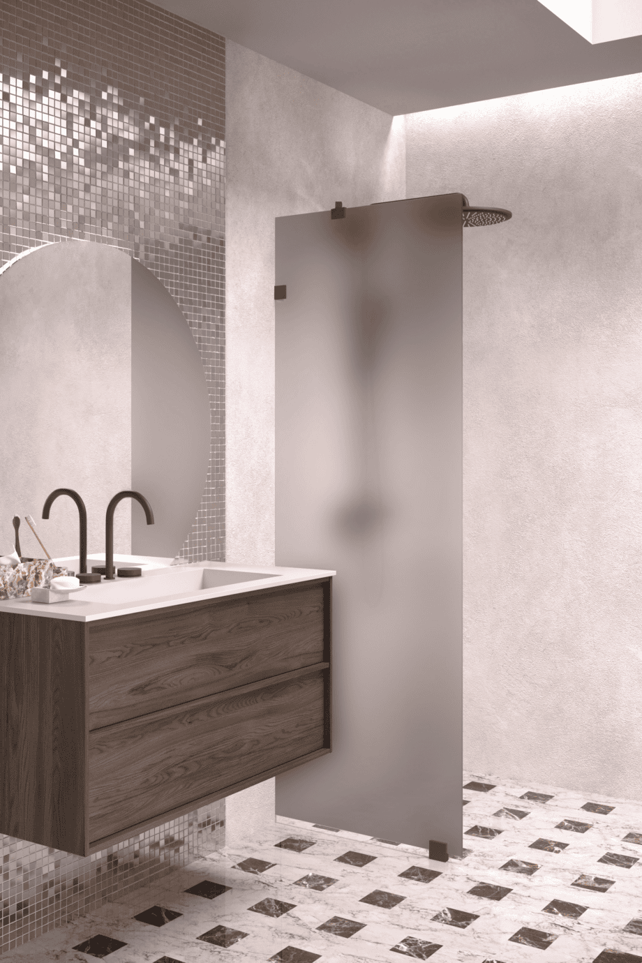 Fixed shower screen Hietakari Vetro 511, black fittings, grey satin glass