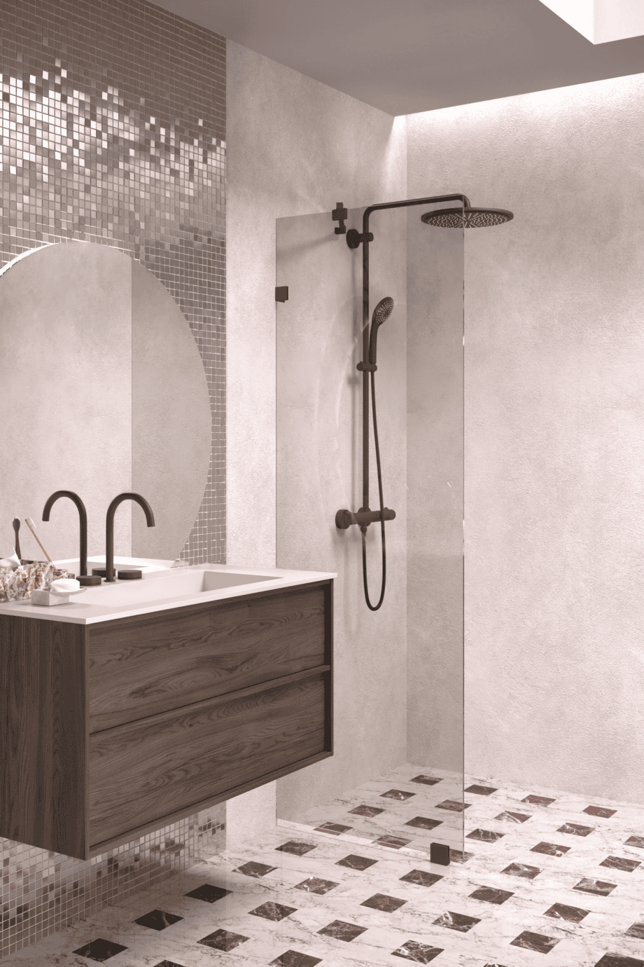 Fixed shower screen Hietakari Vetro 511, black fittings, bronze tinted glass