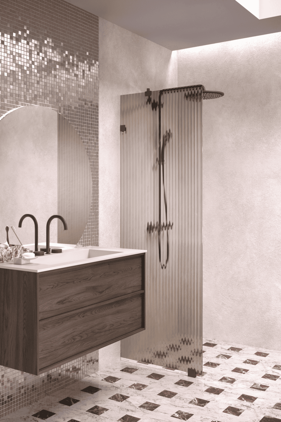 Fixed shower screen Hietakari Vetro 511, black fittings, brown reeded glass