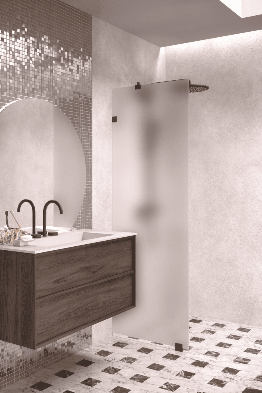 Fixed shower screen Hietakari Vetro 511, black fittings, satin frosted glass