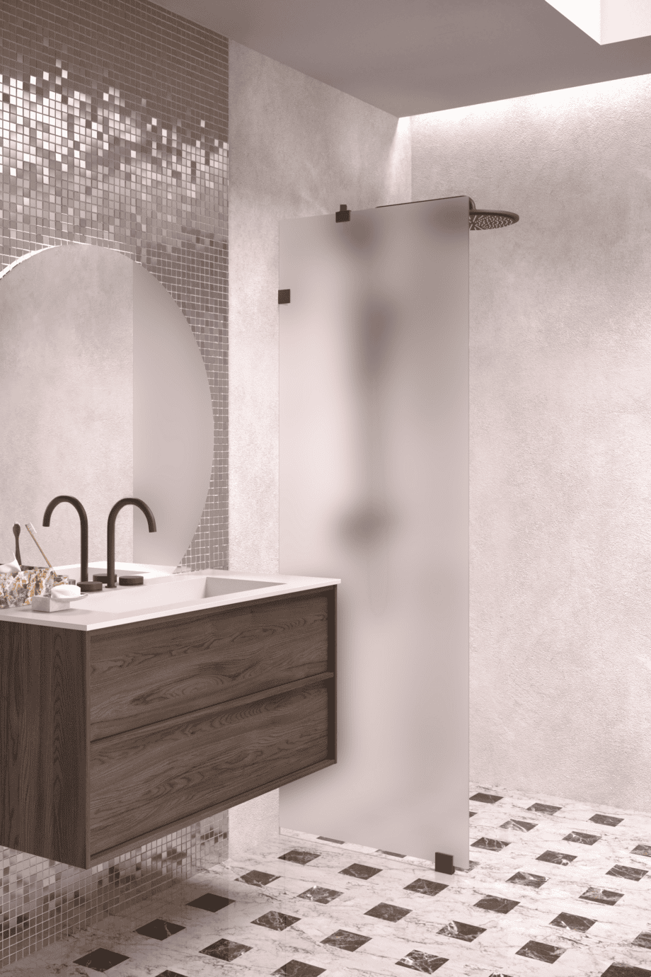 Fixed shower screen Hietakari Vetro 511, black fittings, super bright satin glass
