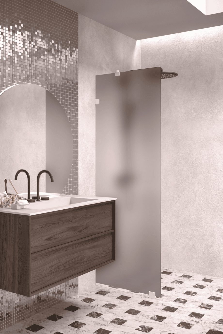 Fixed shower screen Hietakari Vetro 511, white fittings, grey satin glass