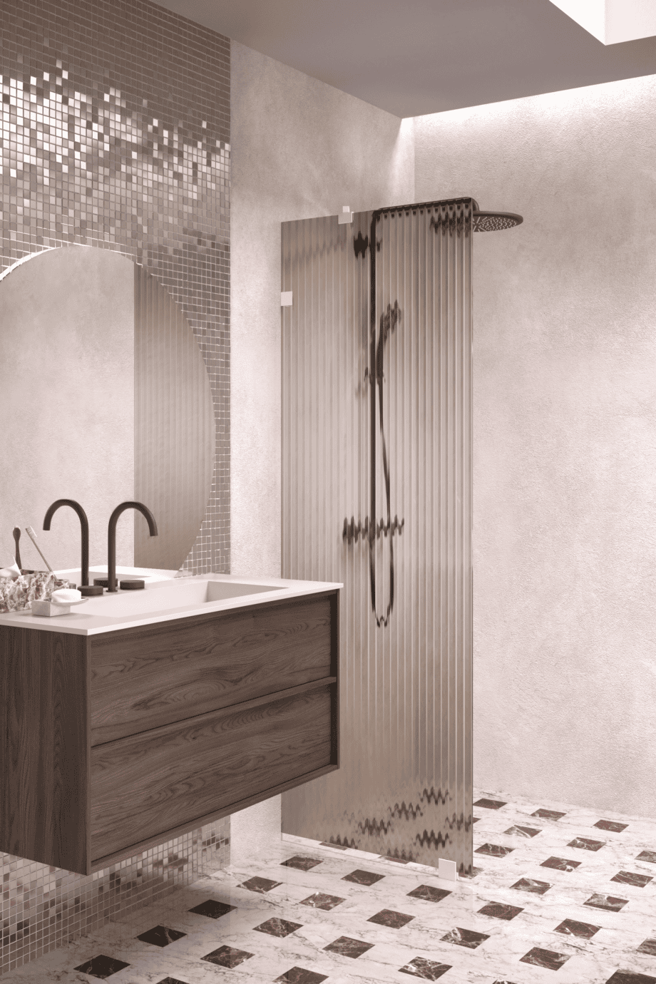 Fixed shower screen Hietakari Vetro 511, white fittings, brown reeded glass