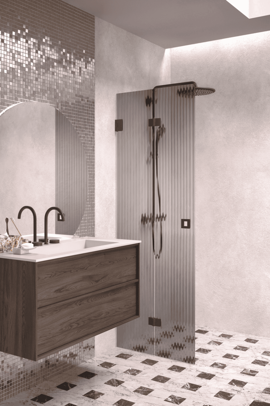 Folding shower screen Hietakari Vetro 513, Cocoa fittings, grey reeded glass