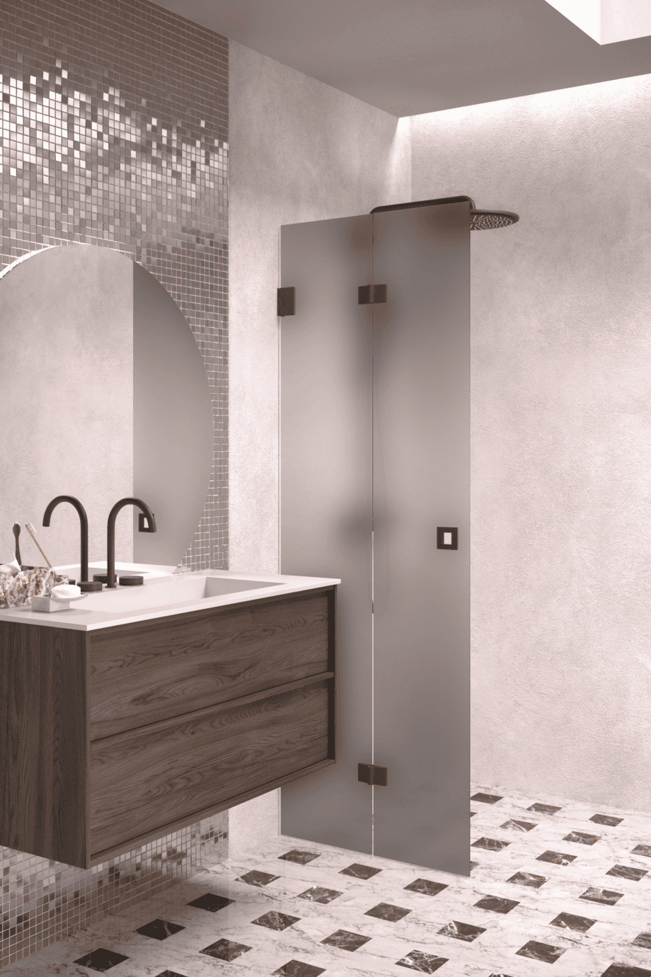 Folding shower screen Hietakari Vetro 513, Cocoa fittings, grey satin glass