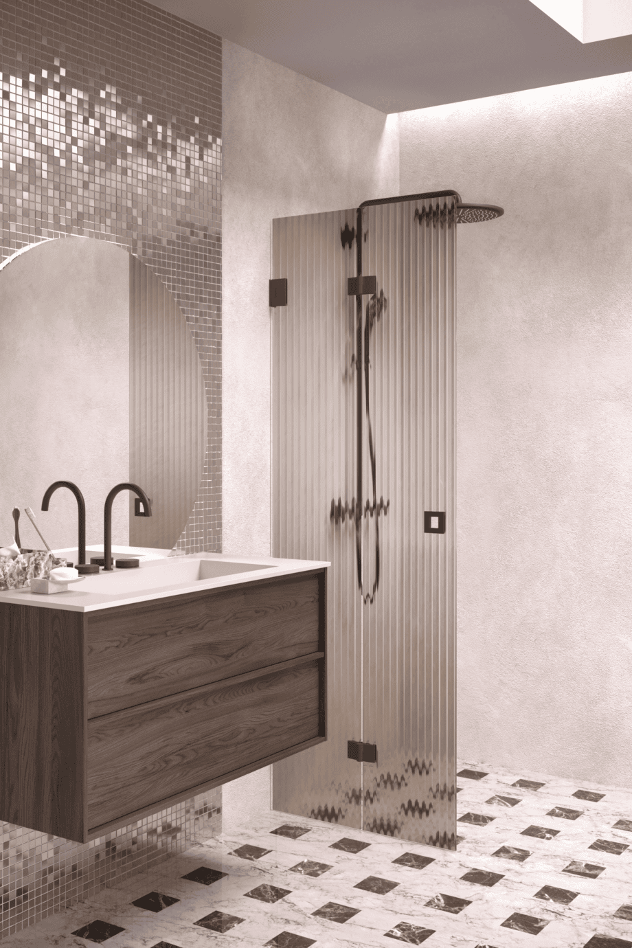 Folding shower screen Hietakari Vetro 513, Cocoa fittings, brown reeded glass