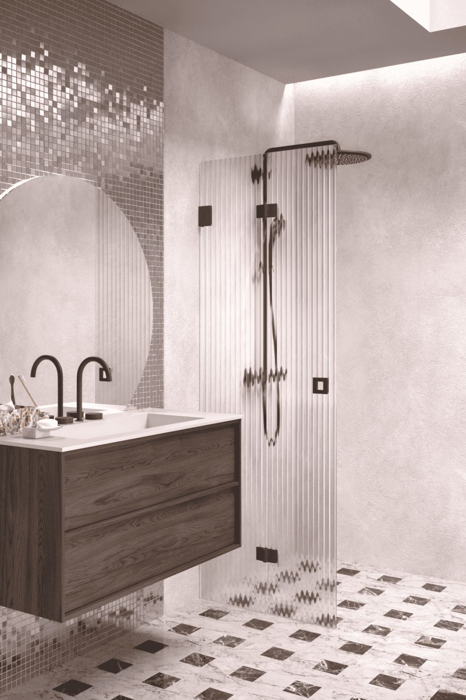 Folding shower screen Hietakari Vetro 513, Cocoa fittings, reeded glass