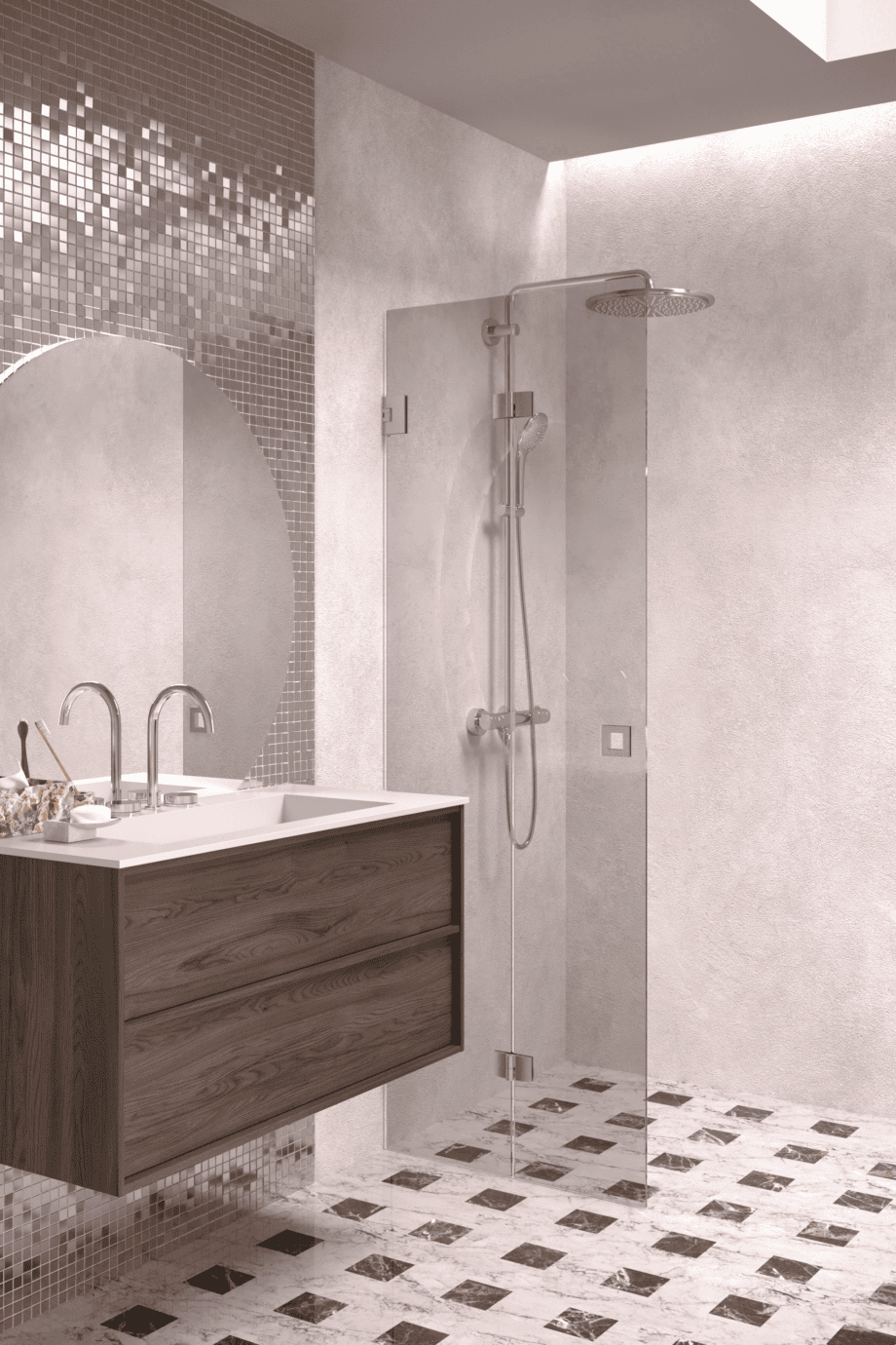 Folding shower screen Hietakari Vetro 513, brushed fittings, grey tinted glass