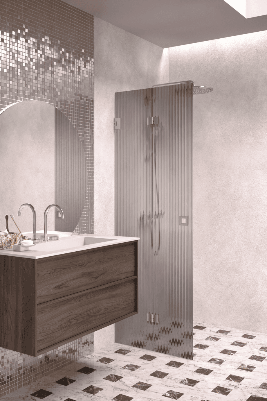Folding shower screen Hietakari Vetro 513, brushed fittings, grey reeded glass