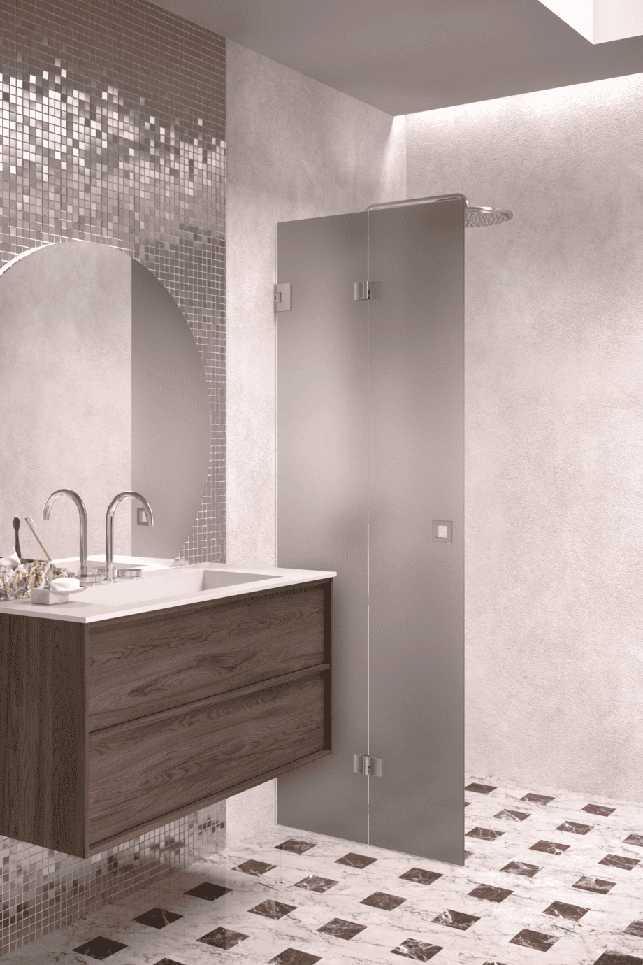 Folding shower screen Hietakari Vetro 513, brushed fittings, grey satin glass