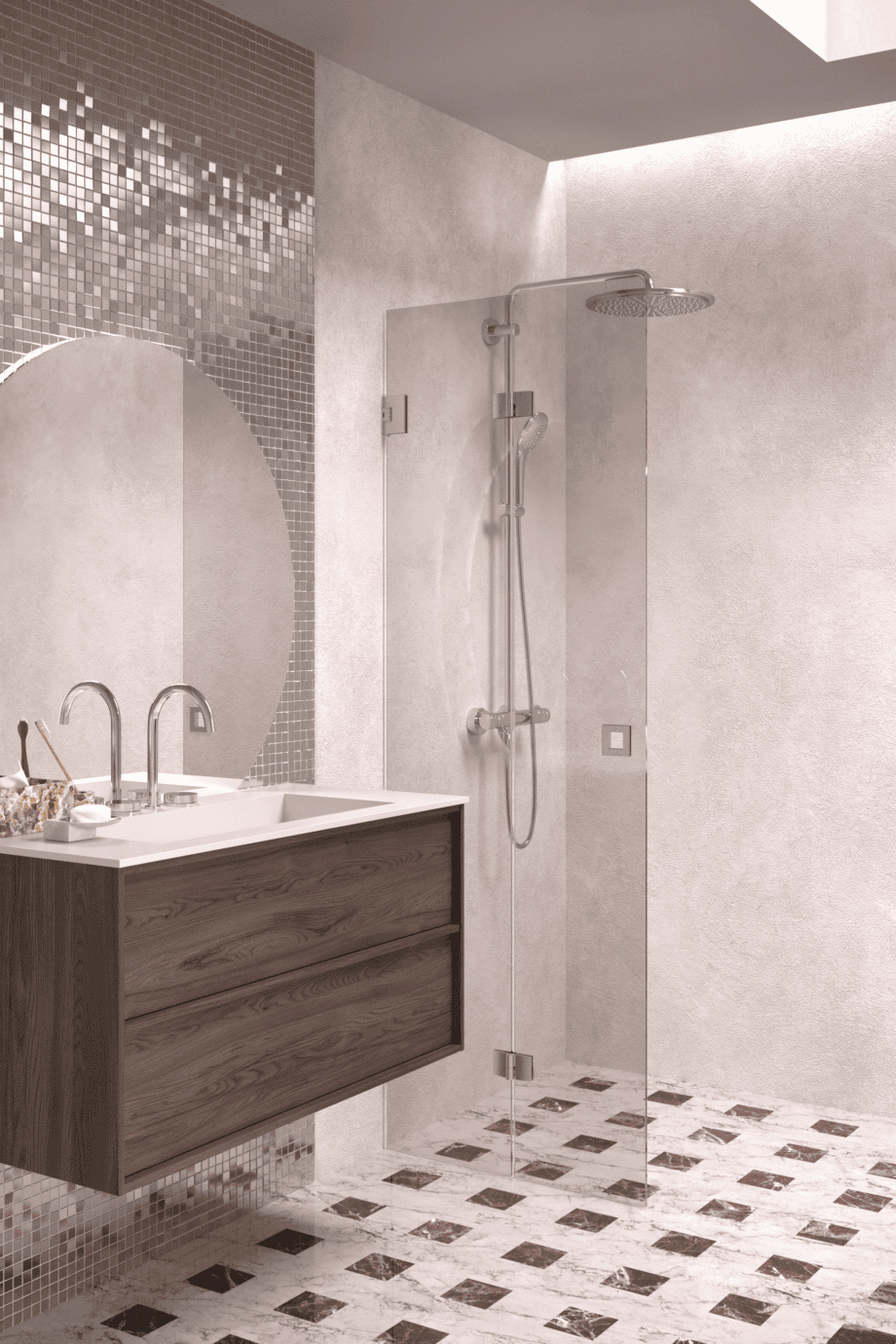 Folding shower screen Hietakari Vetro 513, brushed fittings, bronze tinted glass