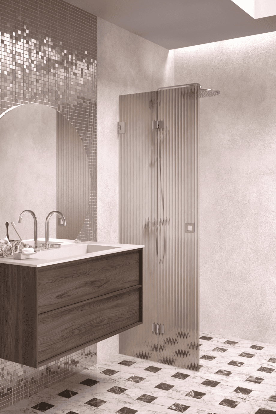 Folding shower screen Hietakari Vetro 513, brushed fittings, brown reeded glass