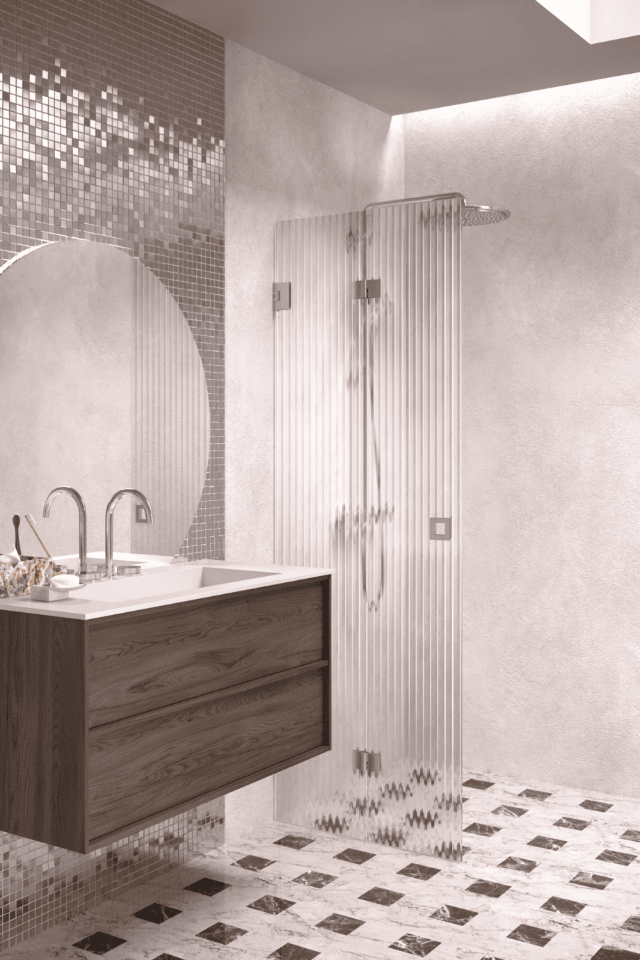 Folding shower screen Hietakari Vetro 513, brushed fittings, reeded glass