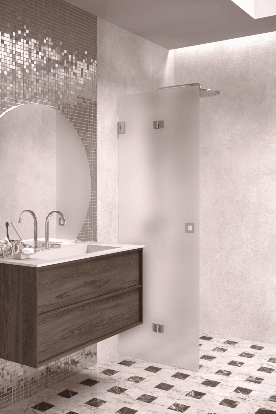 Folding shower screen Hietakari Vetro 513, brushed fittings, super bright satin glass