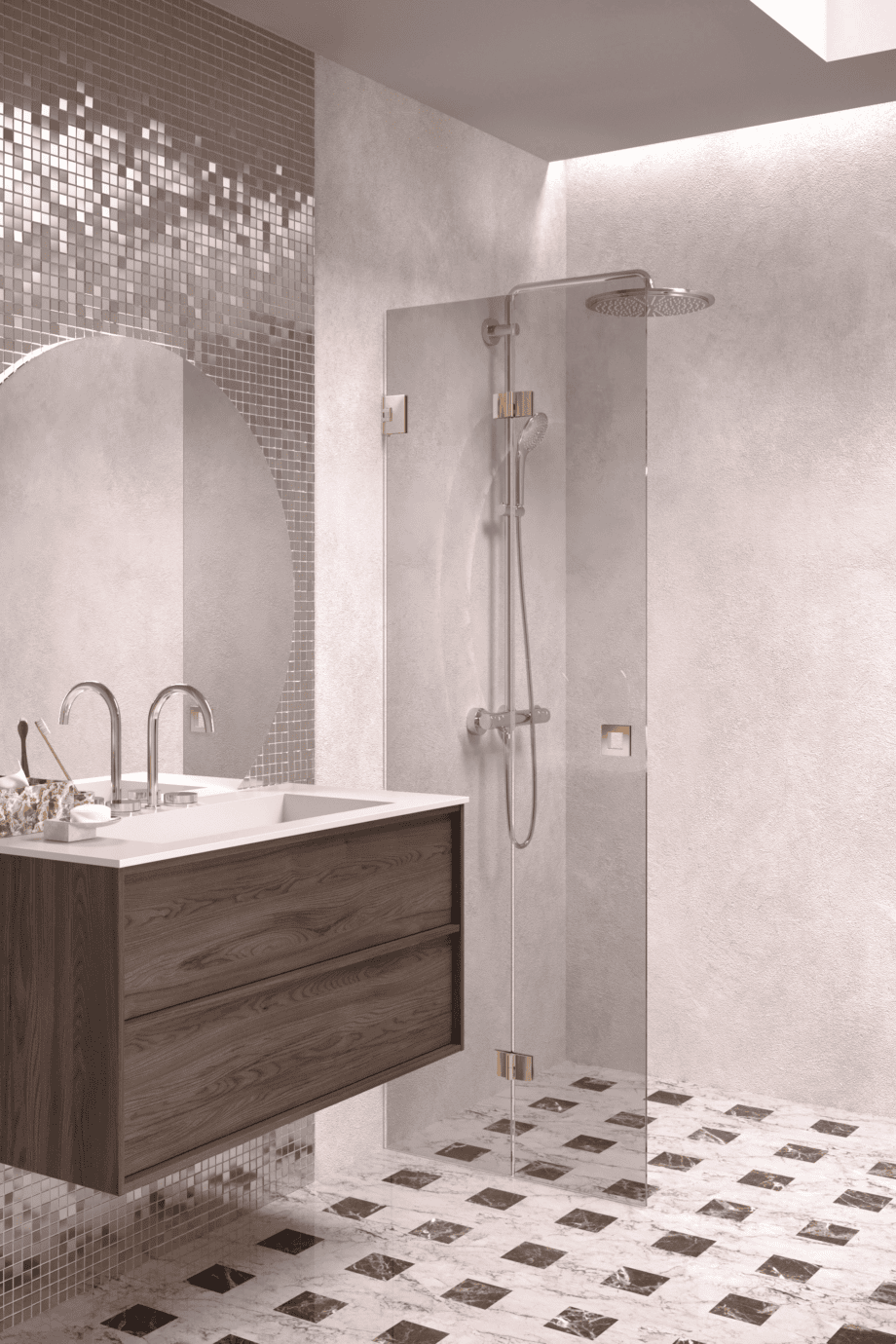 Folding shower screen Hietakari Vetro 513, brass fittings, grey tinted glass