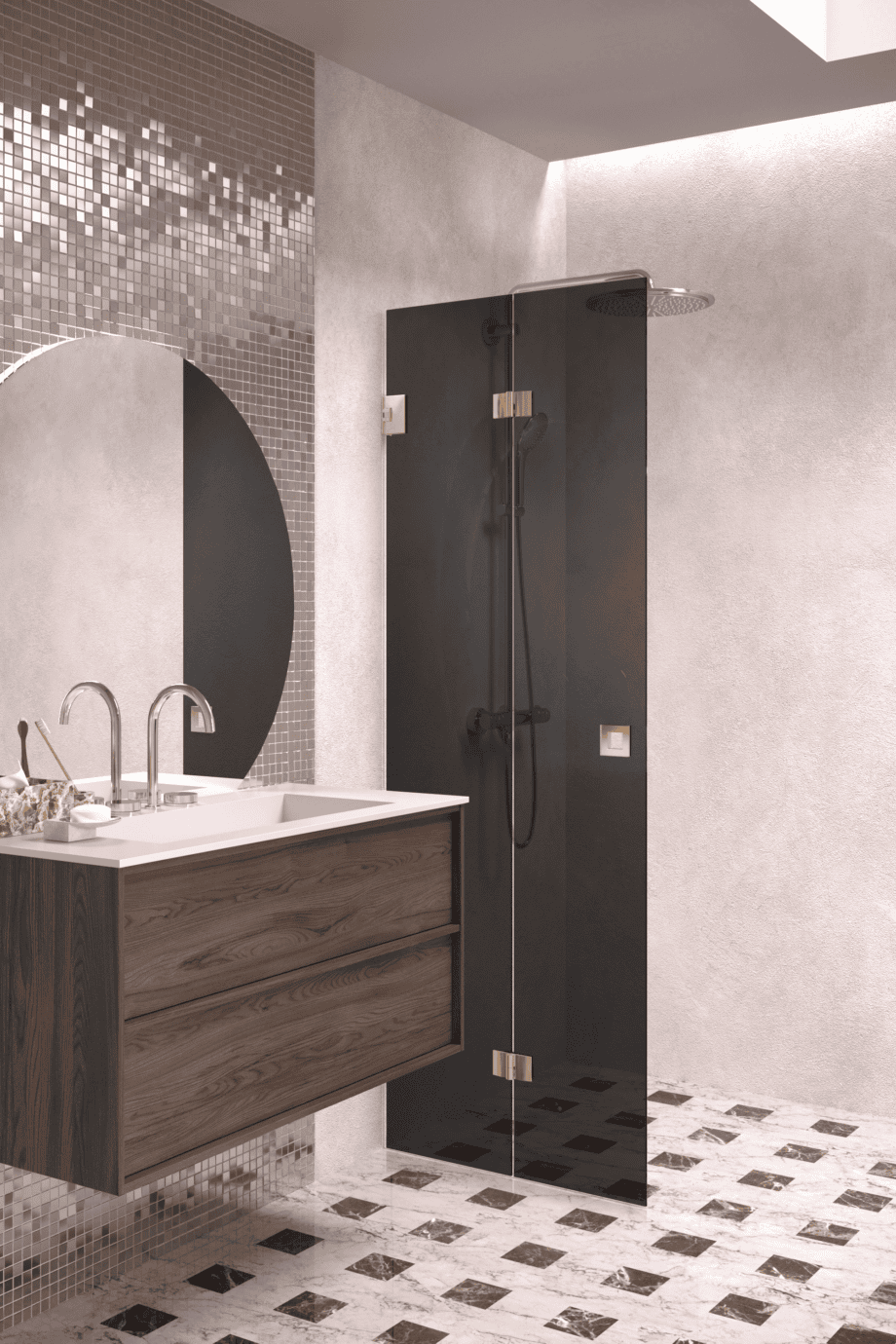 Folding shower screen Hietakari Vetro 513, brass fittings, black glass