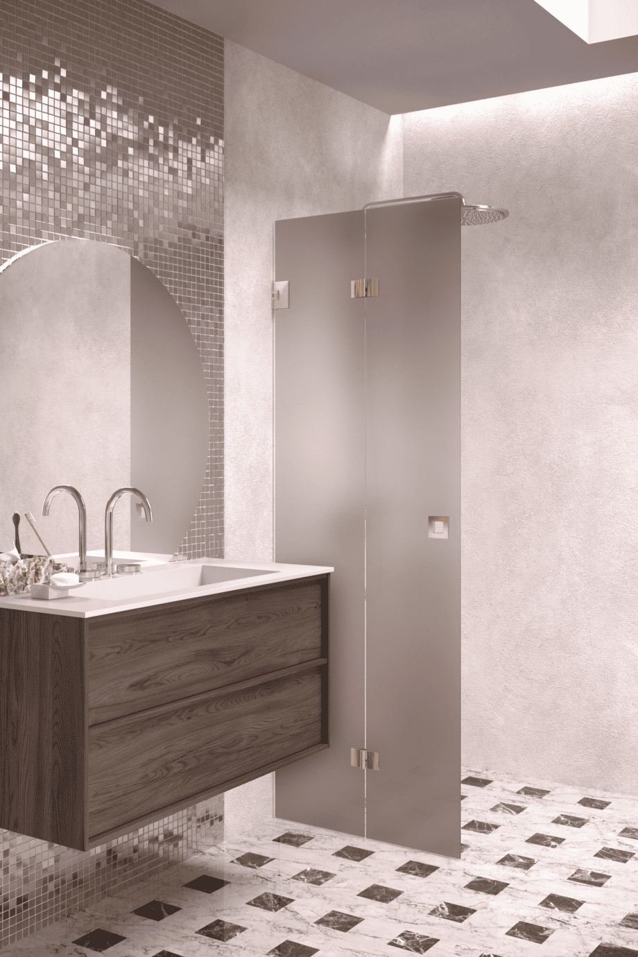 Folding shower screen Hietakari Vetro 513, brass fittings, brown satin glass