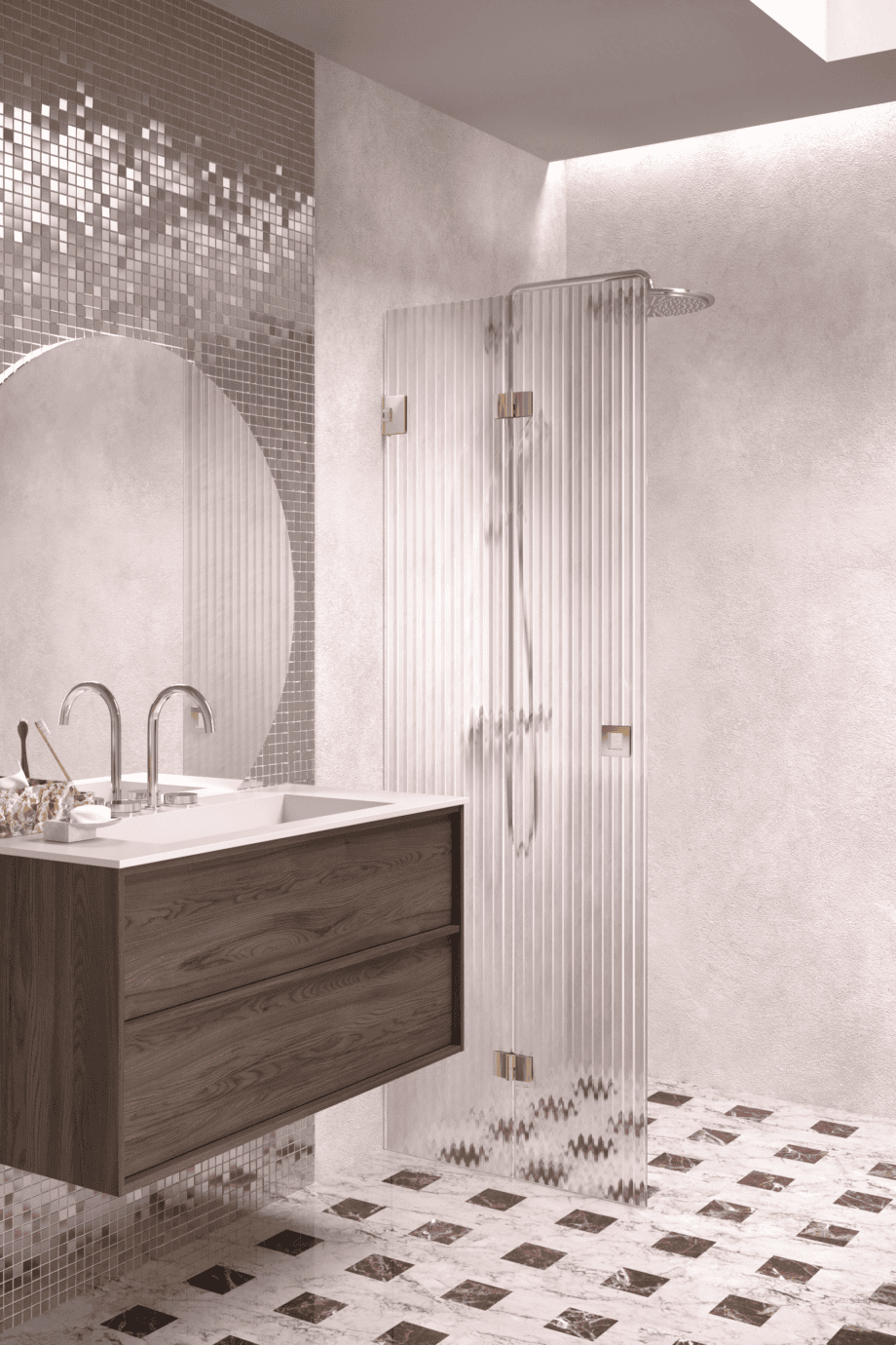 Folding shower screen Hietakari Vetro 513, brass fittings, reeded glass