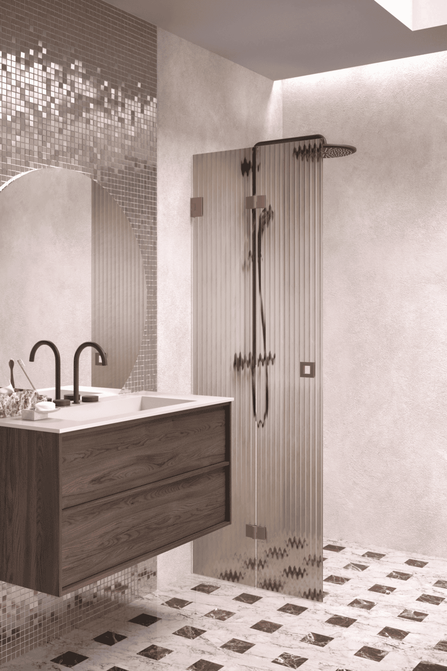 Folding shower screen Hietakari Vetro 513, Mocha fittings, brown reeded glass