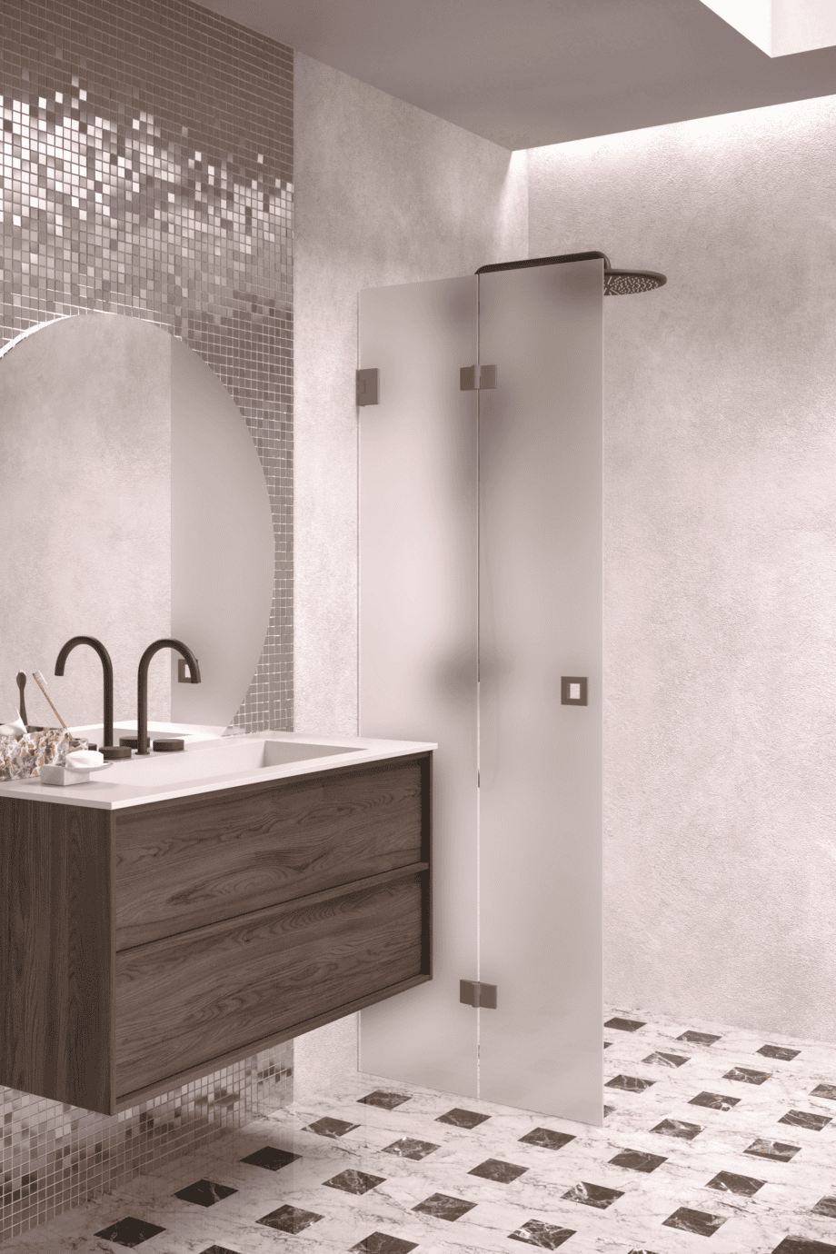Folding shower screen Hietakari Vetro 513, Mocha fittings, satin frosted glass