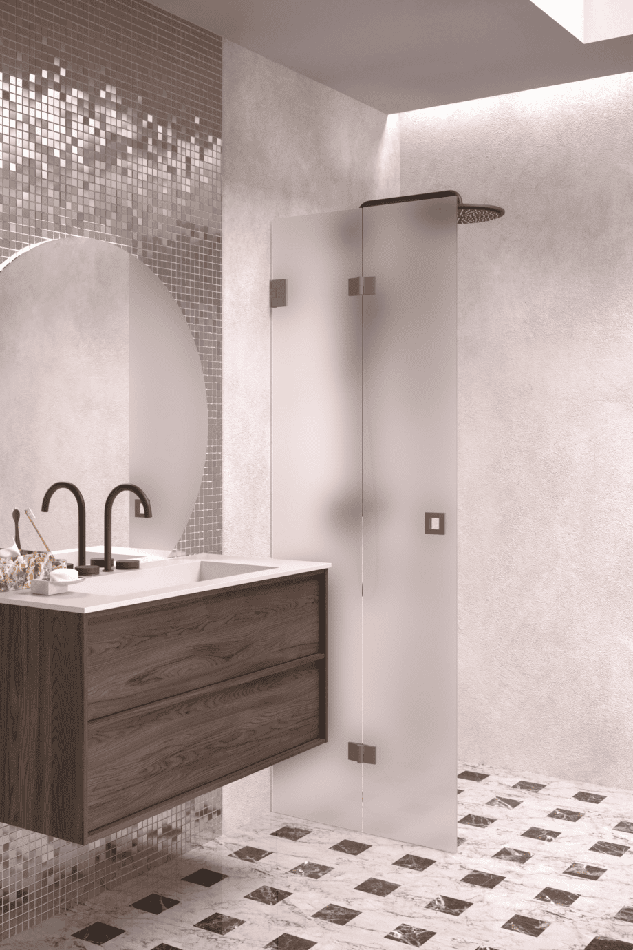 Folding shower screen Hietakari Vetro 513, Mocha fittings, super bright satin glass