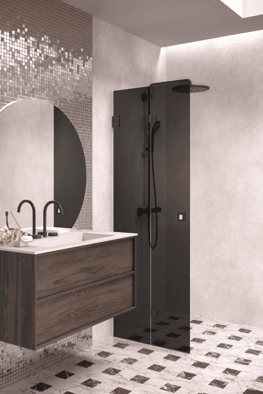 Folding shower screen Hietakari Vetro 513, black fittings, black glass