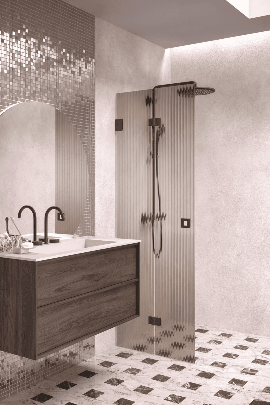 Folding shower screen Hietakari Vetro 513, black fittings, brown reeded glass