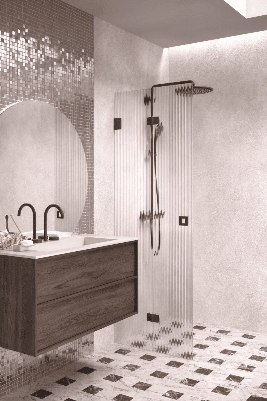 Folding shower screen Hietakari Vetro 513, black fittings, reeded glass