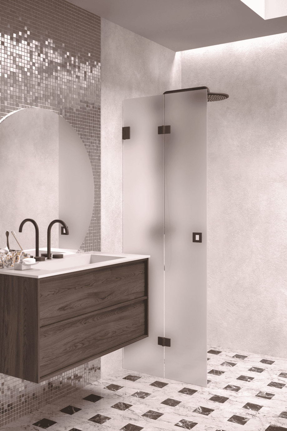 Folding shower screen Hietakari Vetro 513, black fittings, satin frosted glass