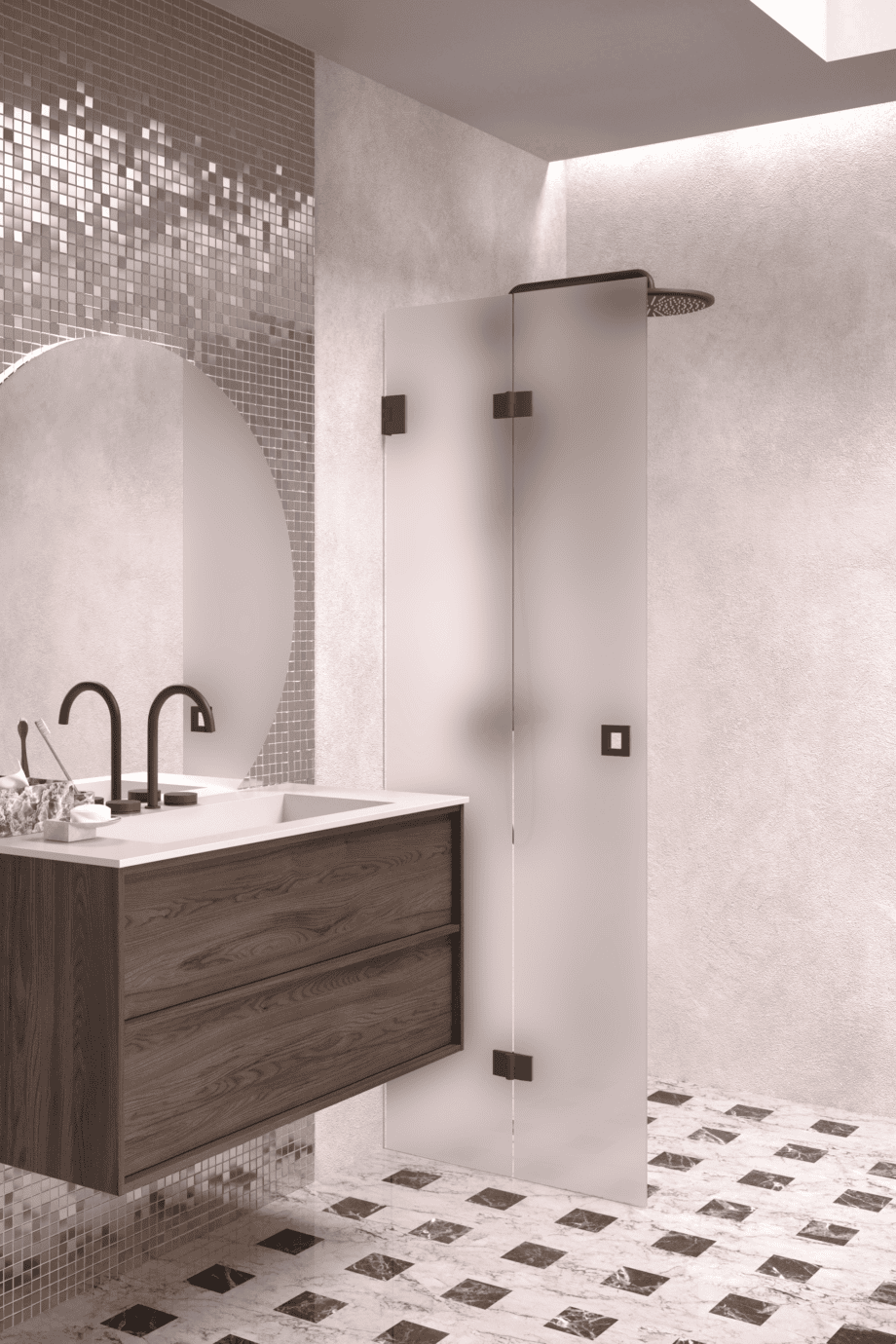 Folding shower screen Hietakari Vetro 513, black fittings, super bright satin glass