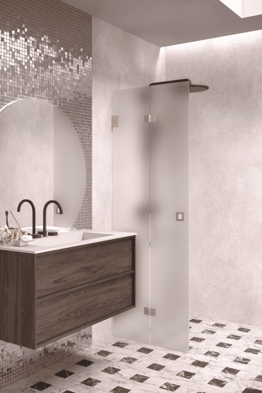Folding shower screen Hietakari Vetro 513, Sand fittings, satin frosted glass