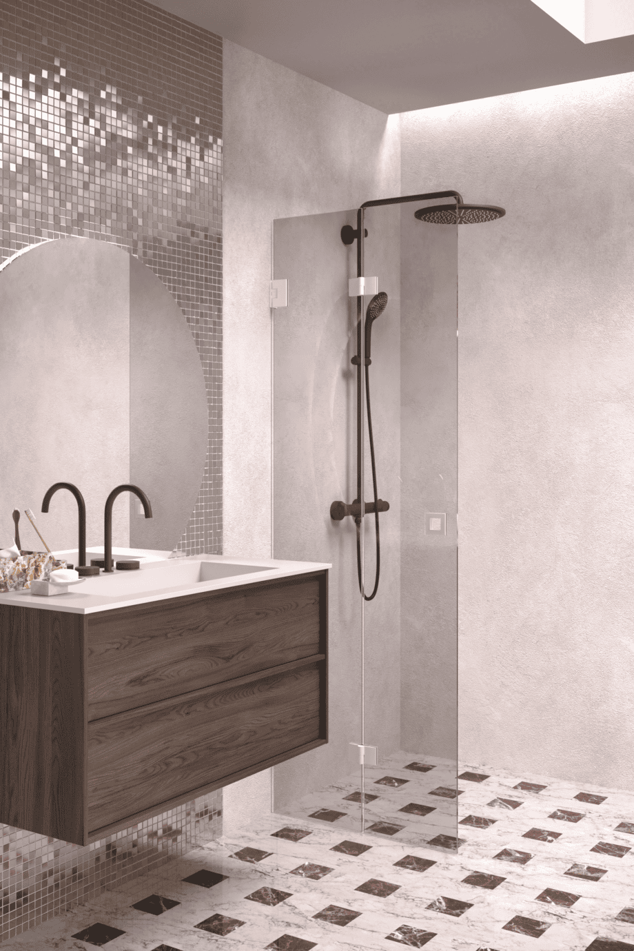 Folding shower screen Hietakari Vetro 513, white fittings, grey tinted glass