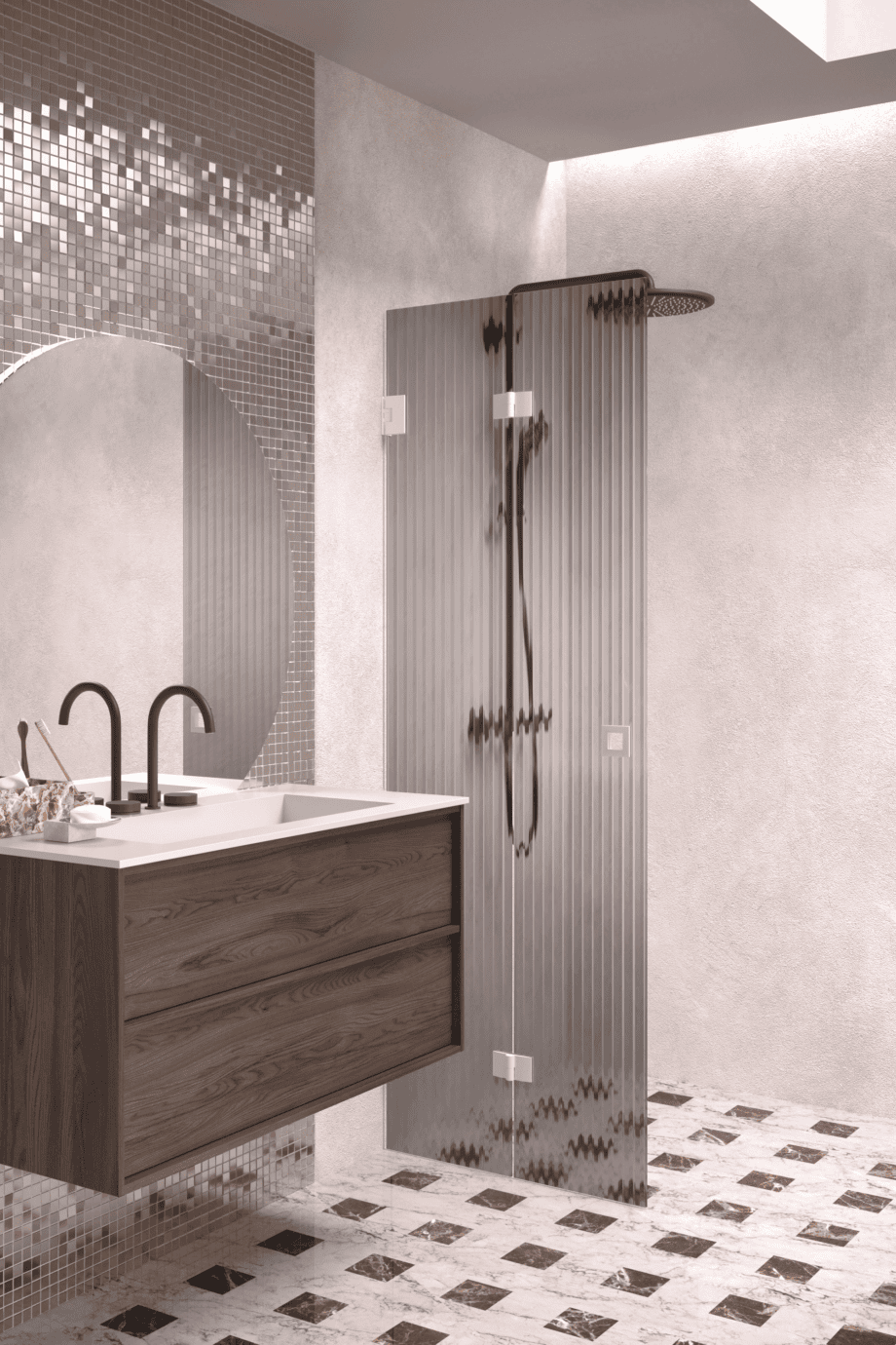 Folding shower screen Hietakari Vetro 513, white fittings, grey reeded glass