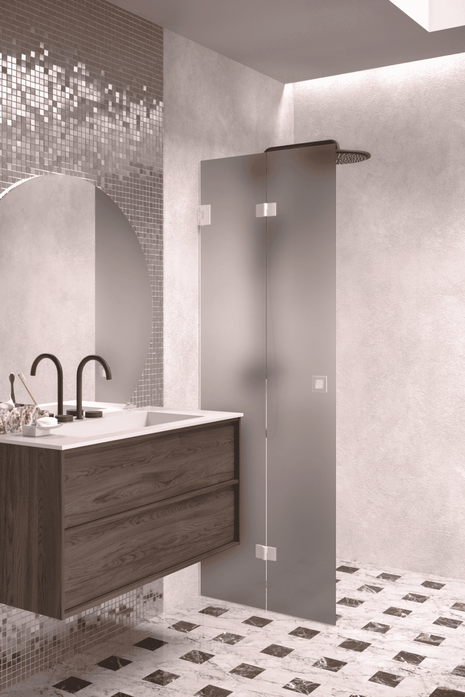 Folding shower screen Hietakari Vetro 513, white fittings, grey satin glass