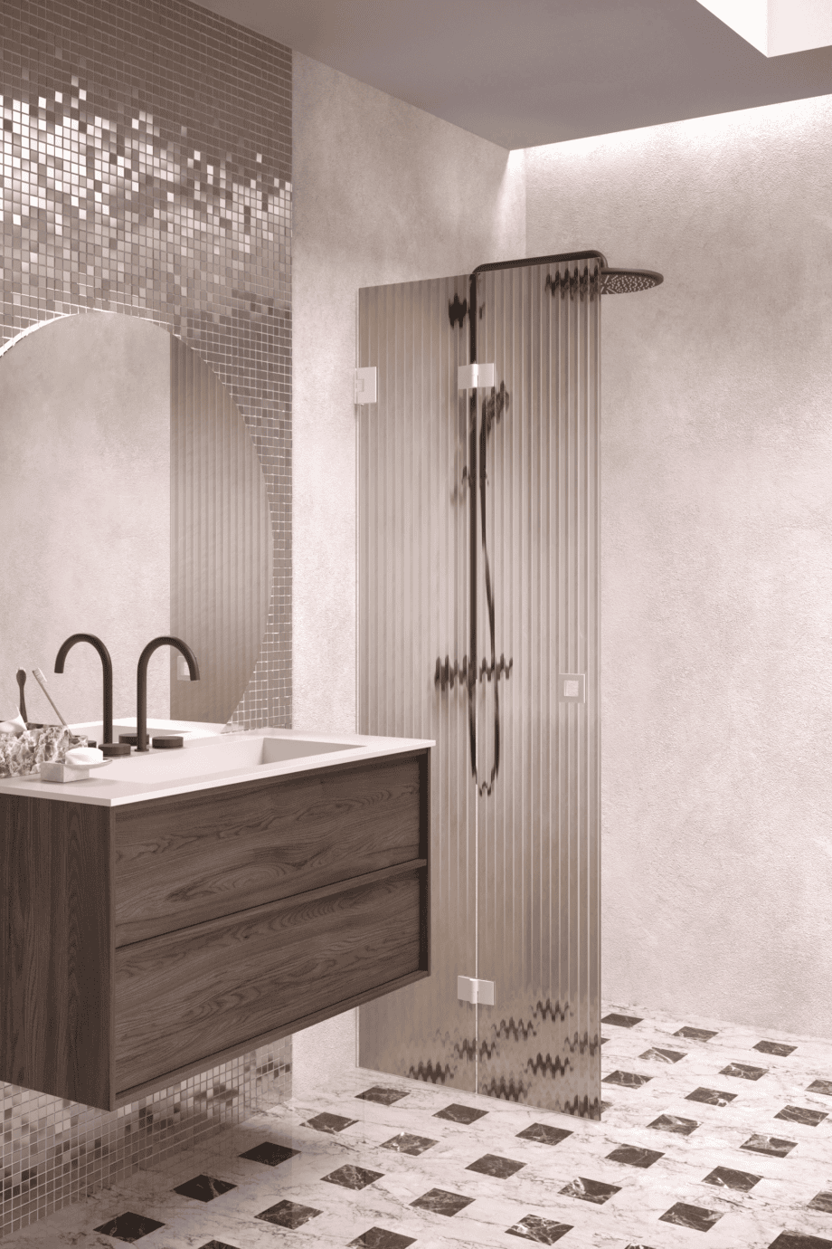 Folding shower screen Hietakari Vetro 513, white fittings, brown reeded glass