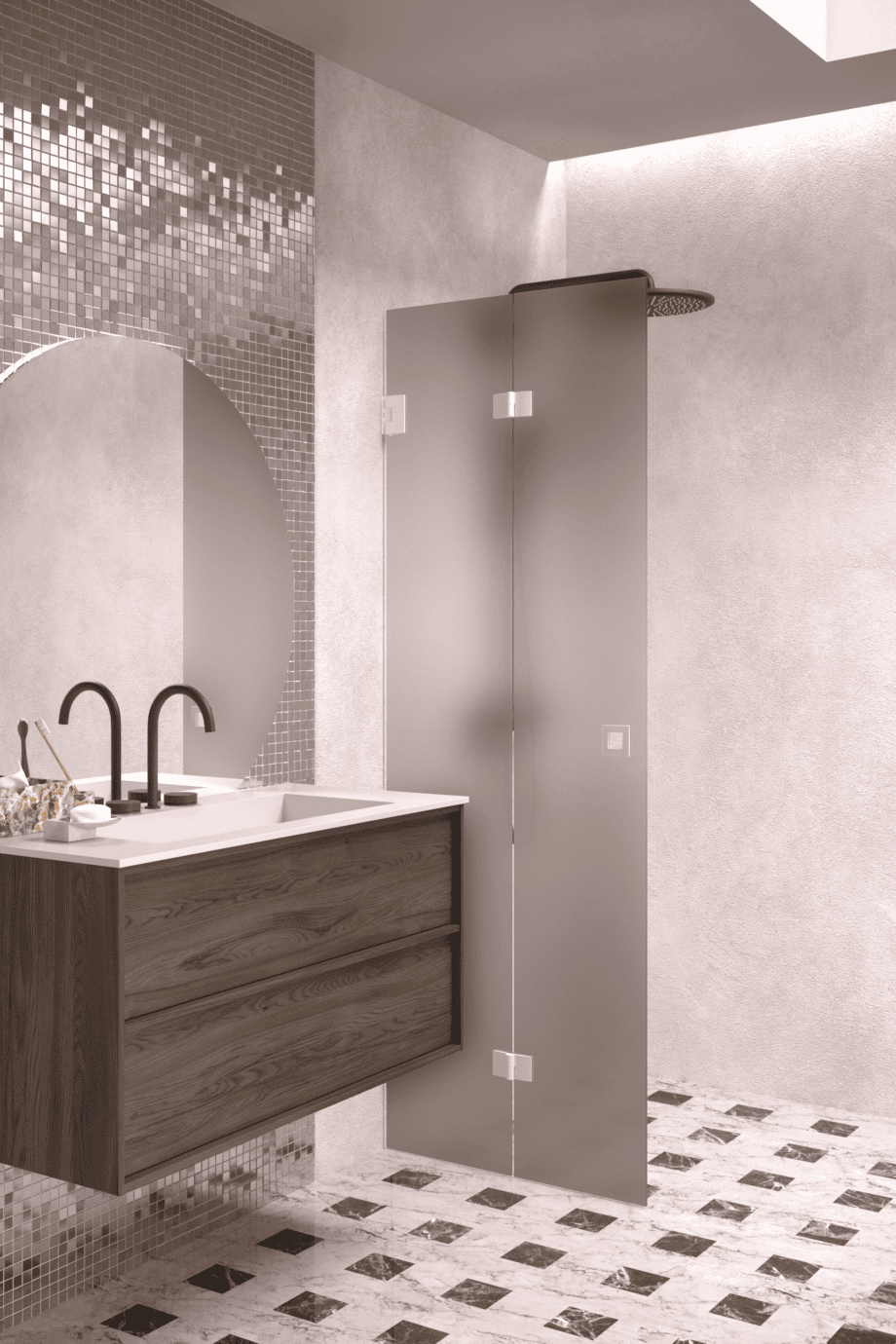 Folding shower screen Hietakari Vetro 513, white fittings, brown satin glass