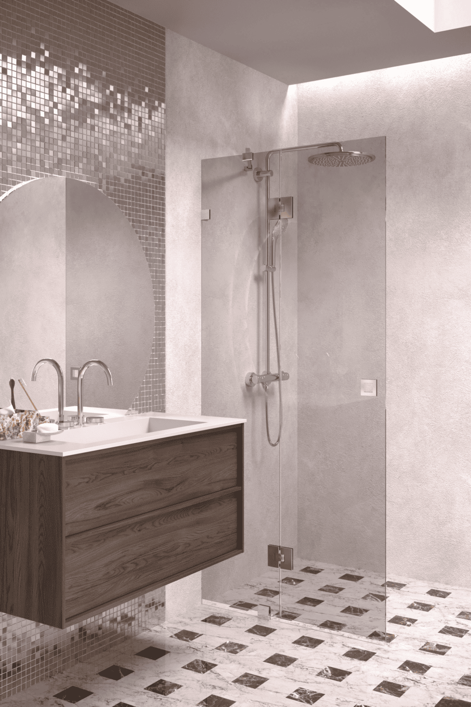 Hinged shower screen with fixed part Hietakari Vetro 514, chrome fittings, grey tinted glass Hinged shower screen with fixed part Hietakari Vetro 514, chrome fittings, grey tinted glass