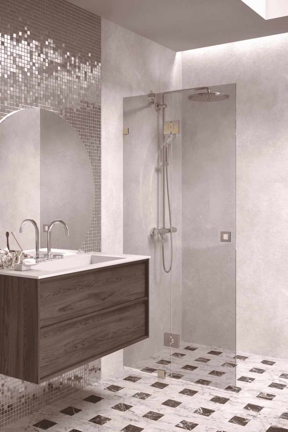 Hinged shower screen with fixed part Hietakari Vetro 514, brass fittings, grey tinted glass Hinged shower screen with fixed part Hietakari Vetro 514, brass fittings, grey tinted glass