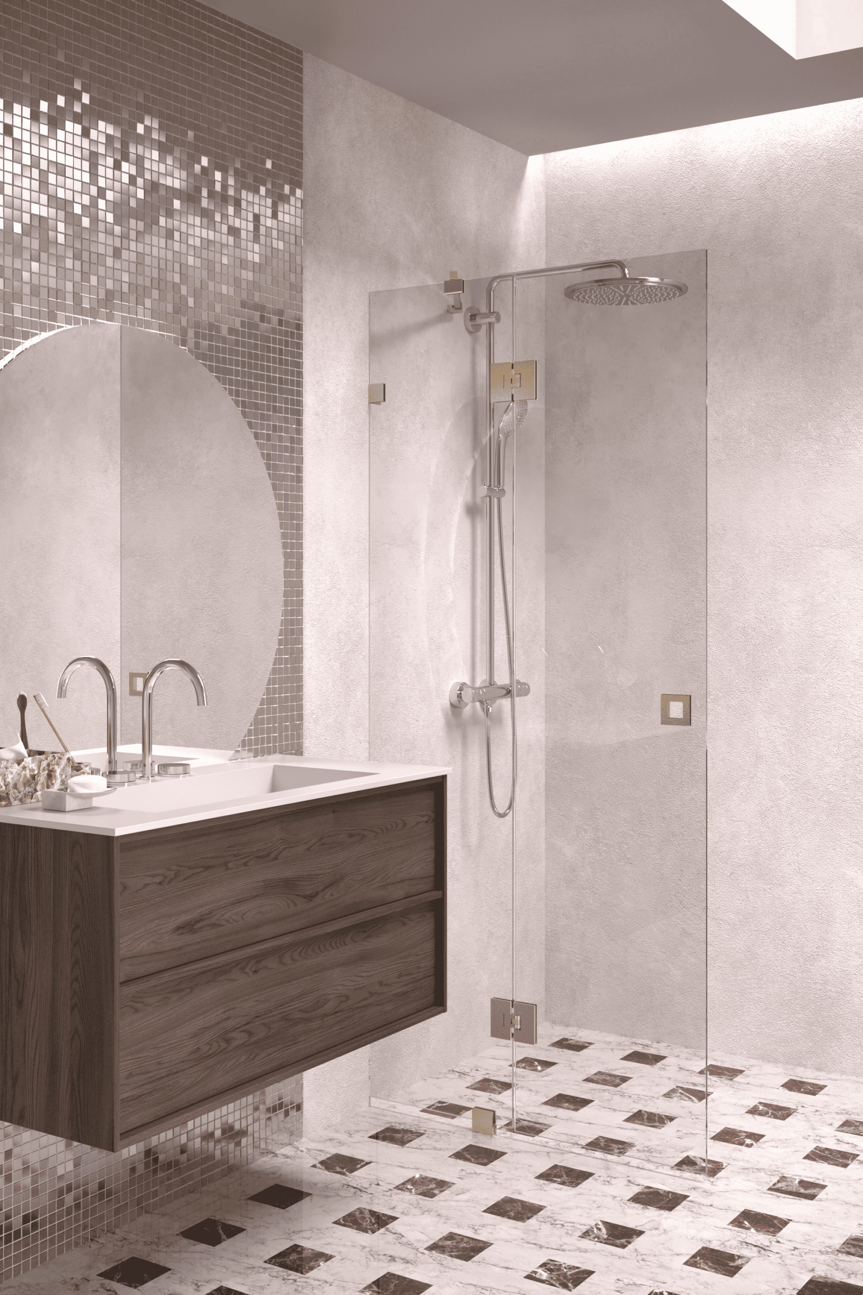Hinged shower screen with fixed part Hietakari Vetro 514, brass fittings, clear glass Hinged shower screen with fixed part Hietakari Vetro 514, brass fittings, clear glass