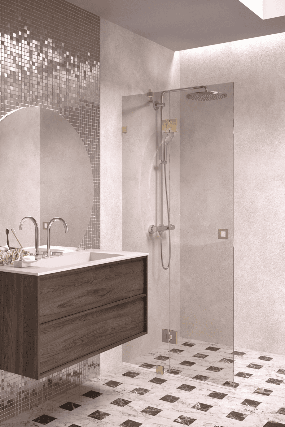 Hinged shower screen with fixed part Hietakari Vetro 514, brass fittings, bronze tinted glass Hinged shower screen with fixed part Hietakari Vetro 514, brass fittings, bronze tinted glass