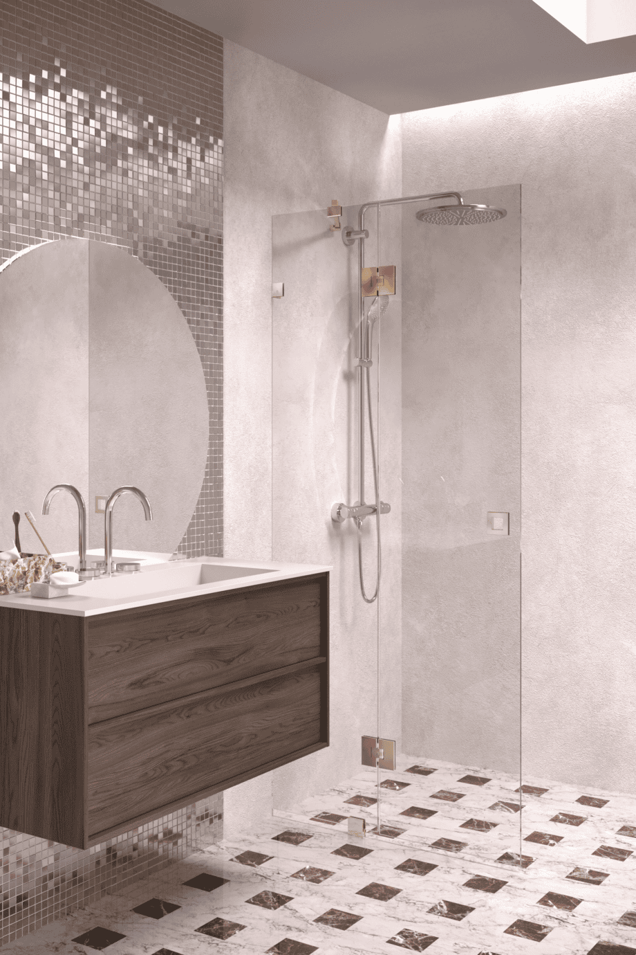 Hinged shower screen with fixed part Hietakari Vetro 514, brass fittings, super bright glass Hinged shower screen with fixed part Hietakari Vetro 514, brass fittings, super bright glass