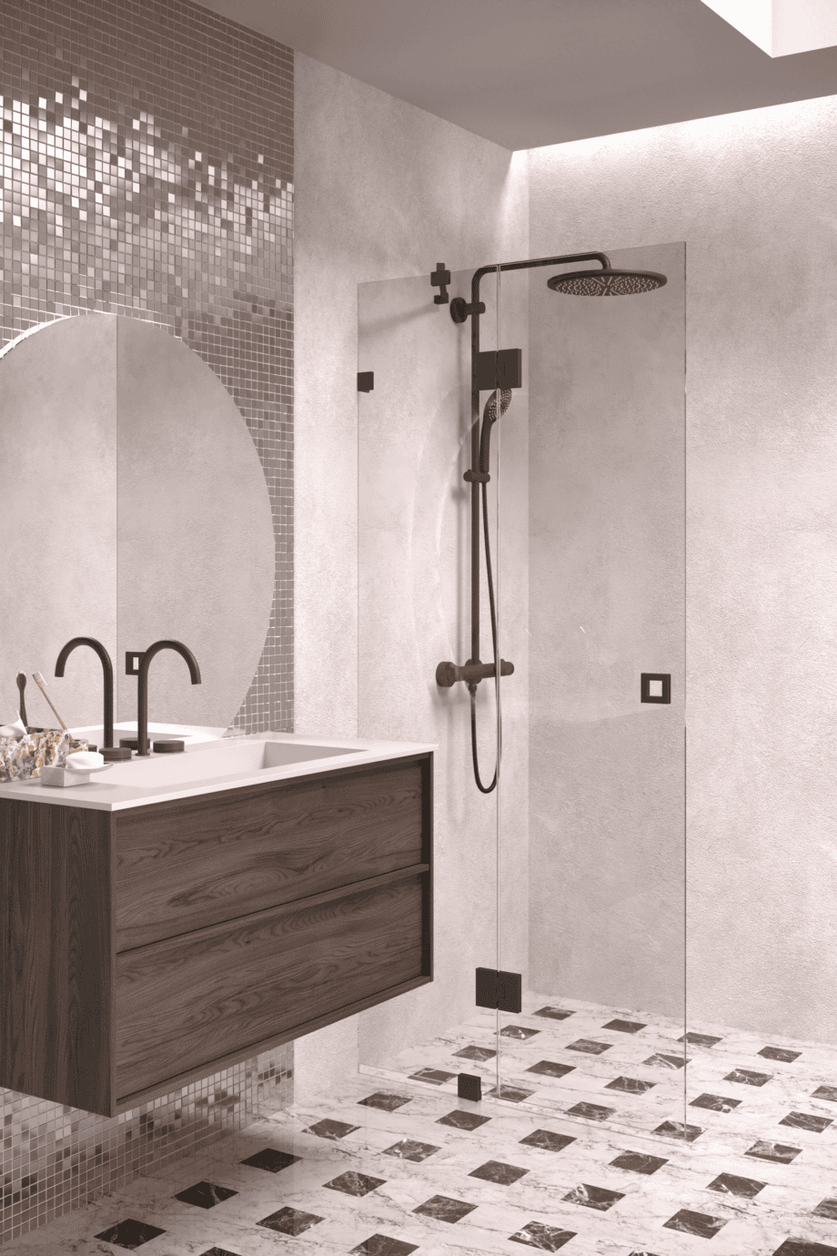 Hinged shower screen with fixed part Hietakari Vetro 514, black fittings, clear glass Hinged shower screen with fixed part Hietakari Vetro 514, black fittings, clear glass