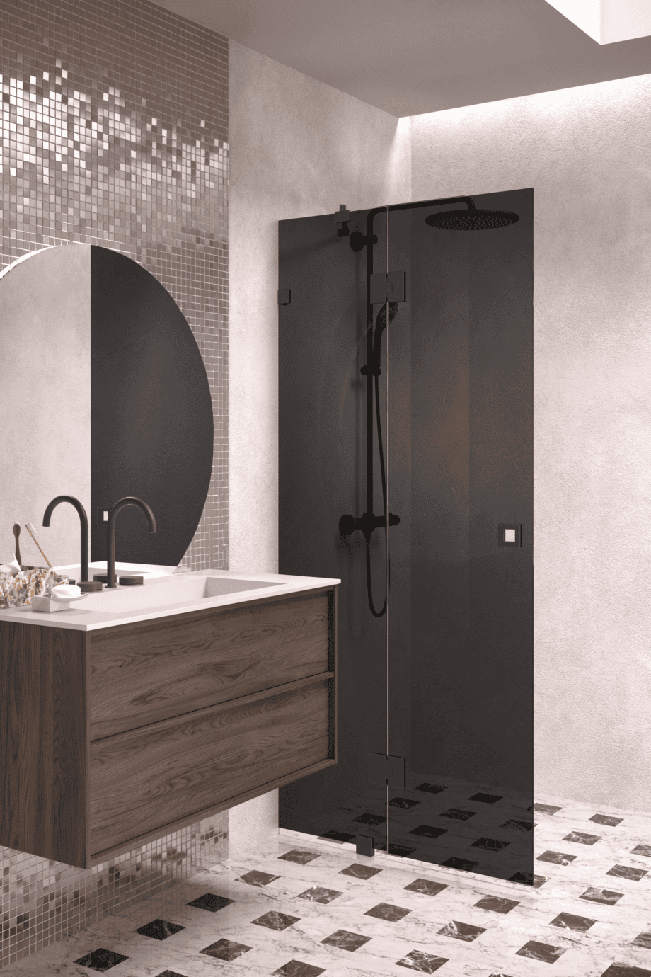 Hinged shower screen with fixed part Hietakari Vetro 514, black fittings, black glass Hinged shower screen with fixed part Hietakari Vetro 514, black fittings, black glass