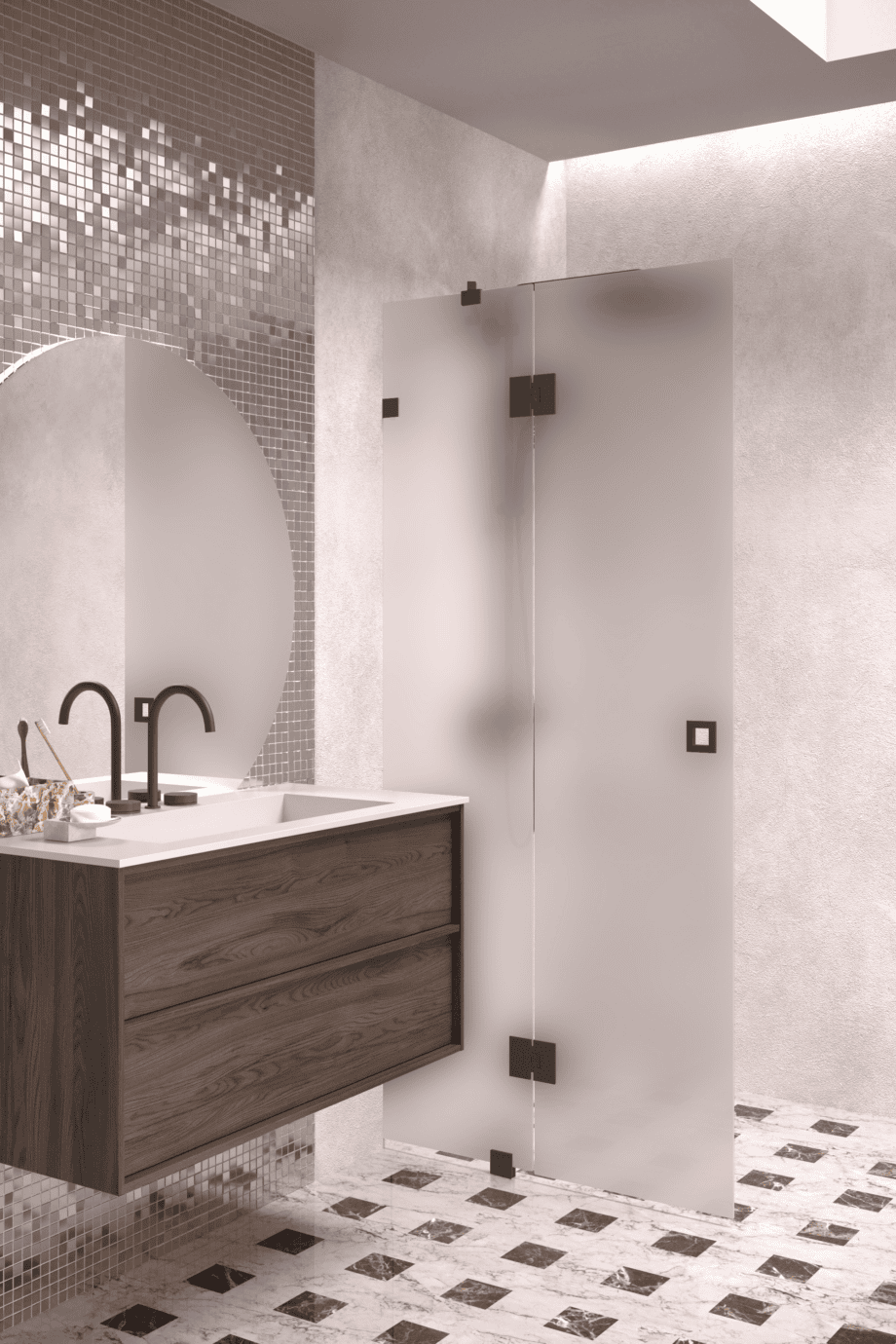 Hinged shower screen with fixed part Hietakari Vetro 514, black fittings, satin frosted glass Hinged shower screen with fixed part Hietakari Vetro 514, black fittings, satin frosted glass